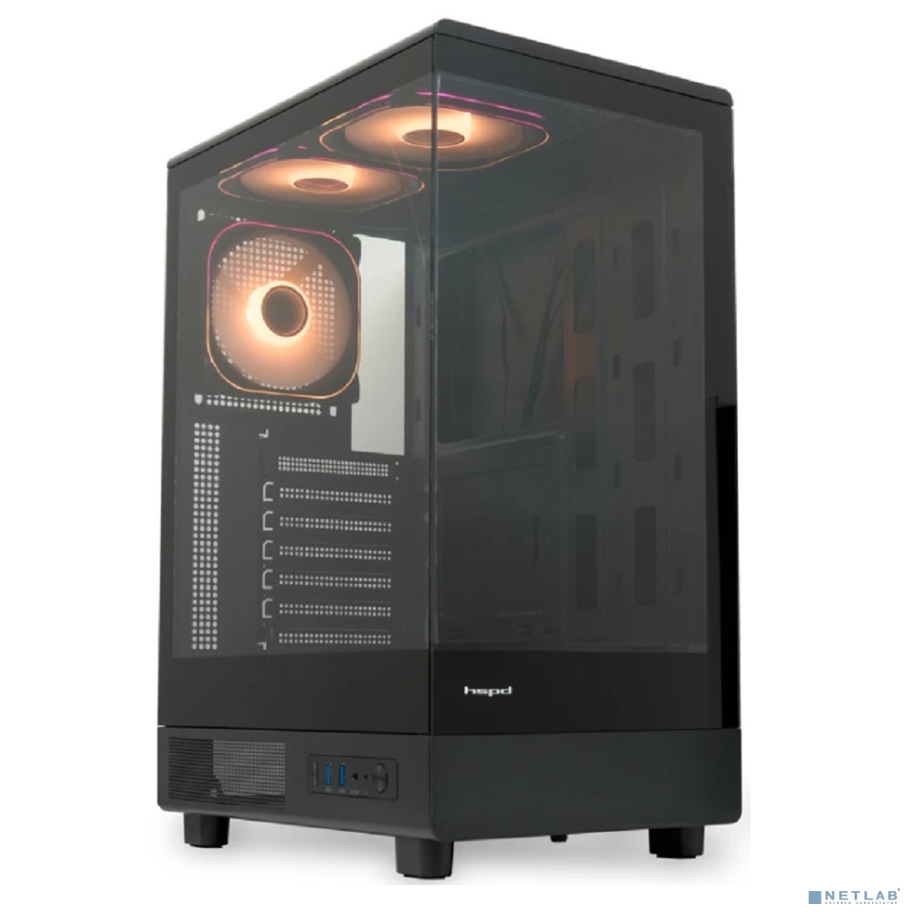 Case HSPD F510, Panoramic Mid Tower, Black, TG, 0.5 SPCC, 3x120mm ARGB (Orbis F1) ATX, mATX, mITX 180/280/160mm 1x2.5", 1x3.5", 7xPCI 2xUSB-A 3.0 356x218x467mm