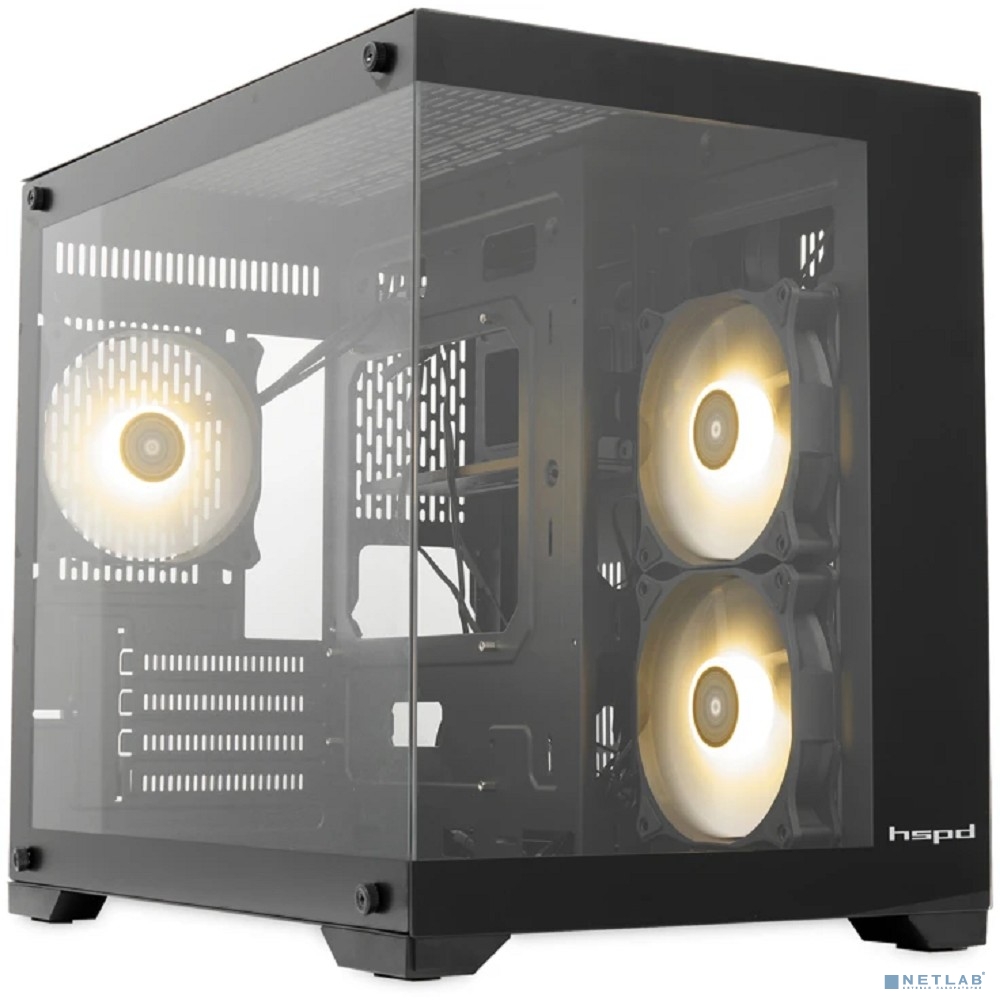 Case HSPD F330, Panoramic Mini-tower, Black, TG, 0.5 SPCC, 3x120mm ARGB (FN027) mATX, mITX 160/400/200mm 1x2.5", 2x3.5", 4xPCI 1xUSB-C 3.0, 2xUSB-A1.0 428x280x375mm