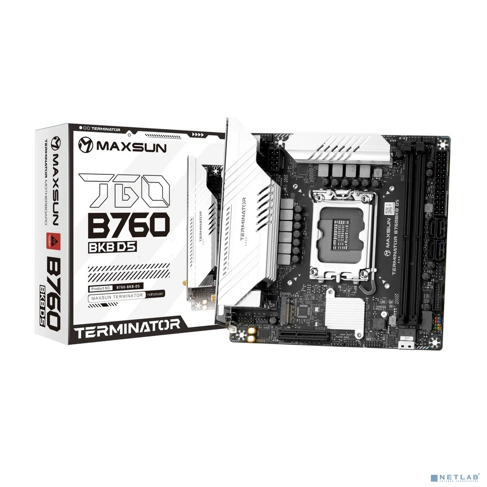 MAXSUN MS-Terminator B760BKB D5 WIFI (Socket 1700, mATX, 2*DDR5(96Gb), DP/HDMI, 2*SATA3, 4*M.2, 1xPCI-Ex16/1*PCIEx4, 4*USB 2.0, 4*USB 3.2 5G, LAN 1*2.5G, BT, Wi-Fi 6E, RTL)