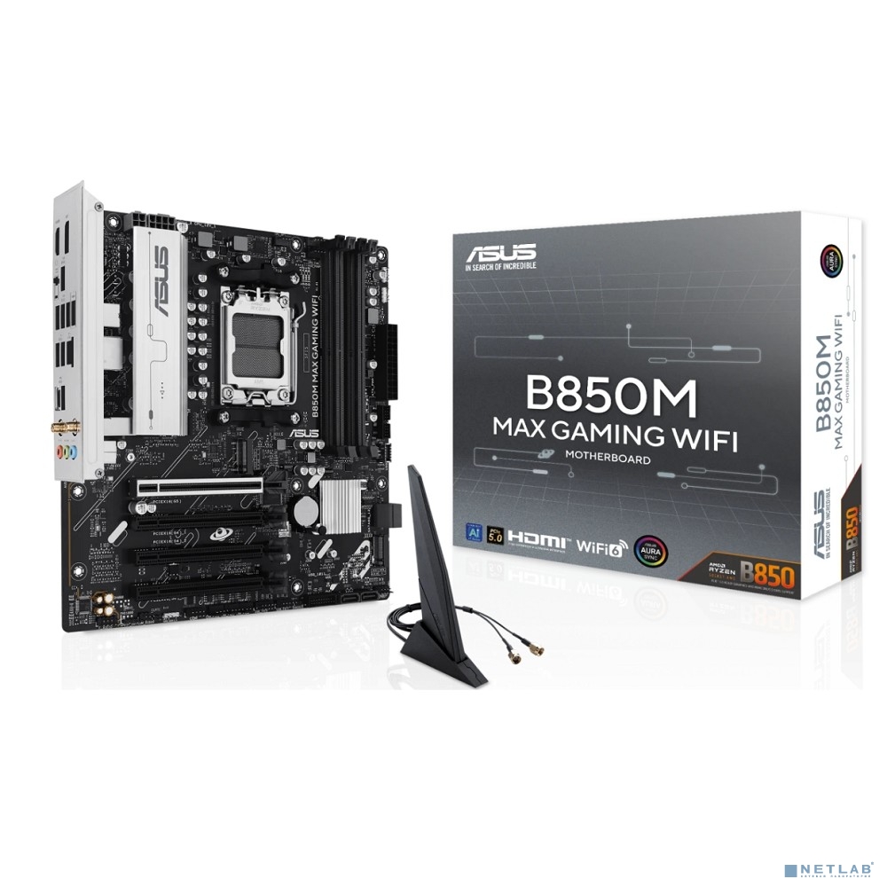 ASUS B850M MAX GAMING WIFI (Socket AM5, mATX, 4xDDR5(256GB), DP/HDMI, 1xPCIe 5.0x16/1xPCIe 4.0, 1xLAN(5GbE), Wi-Fi 6, 4xSATA 6Gb/s, 2xM.2, 2xType-C, 3xUSB 3.2, 2xUSB 2.0)