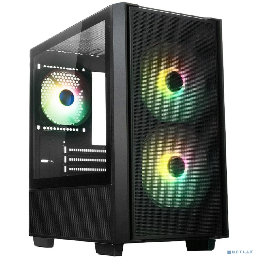 XASTRA Корпус A400M 3ARGB-C6 Black mATX/ Mesh/ Screwless TG+Mesh/2x140mm + 1x120mm FC ARGB PWM fans/Argb+PWM HUB 6port/ A400M-2FC14A-1FC12A-C6