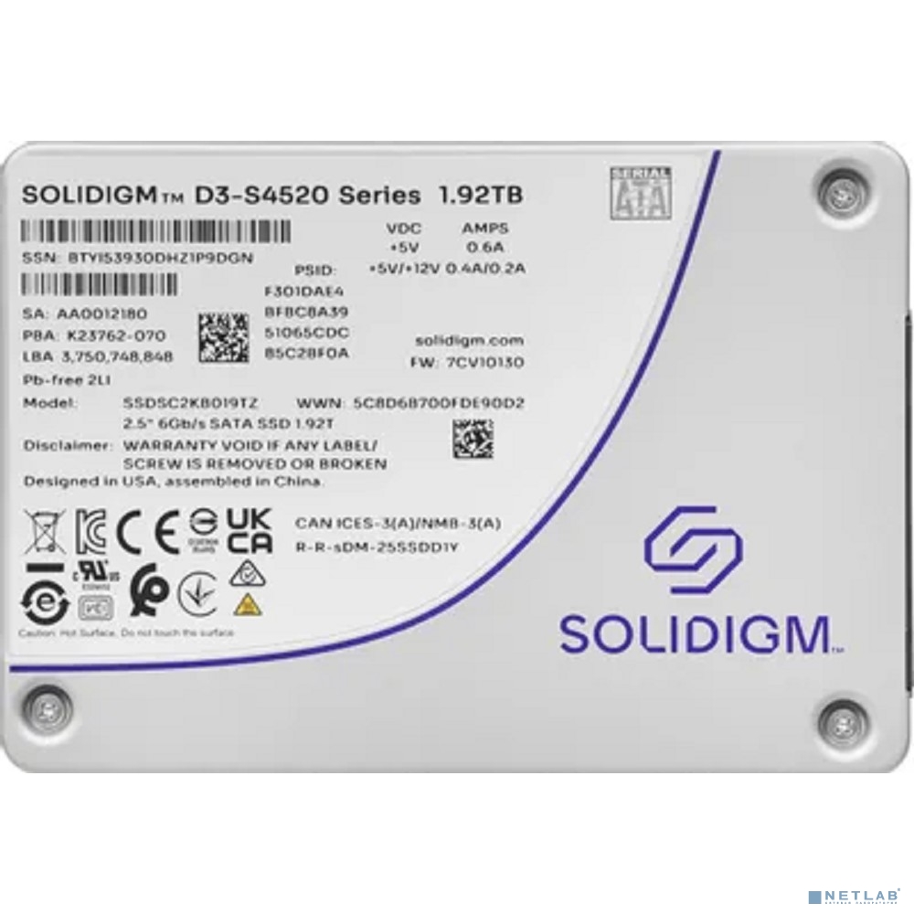 Solidigm SSDSC2KB019TZ1Z Solidigm SSD D3-S4520 Series, 1920GB, 2.5" 7mm, SATA3, TLC, R/W 550/510MB/s, IOPs 91 000/38 000, TBW 8800, DWPD 3 (12 мес.)