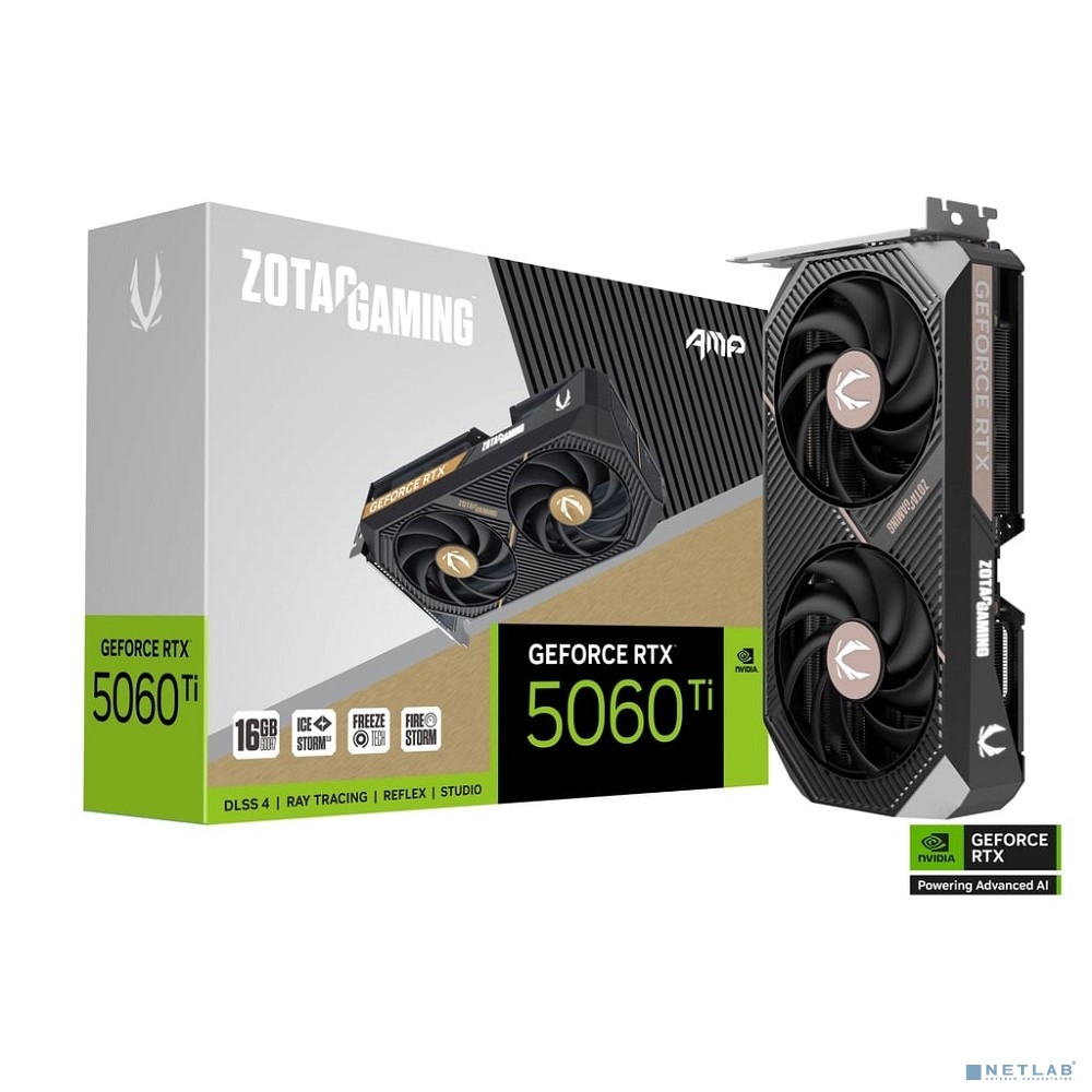Видеокарта ZOTAC GAMING GeForce RTX 5060 Ti AMP 16Gb DDR7 128 bit 2407/2632 MHz 3*DP/HDMI 2*FAN (ZT-B50620F-10M) RTL