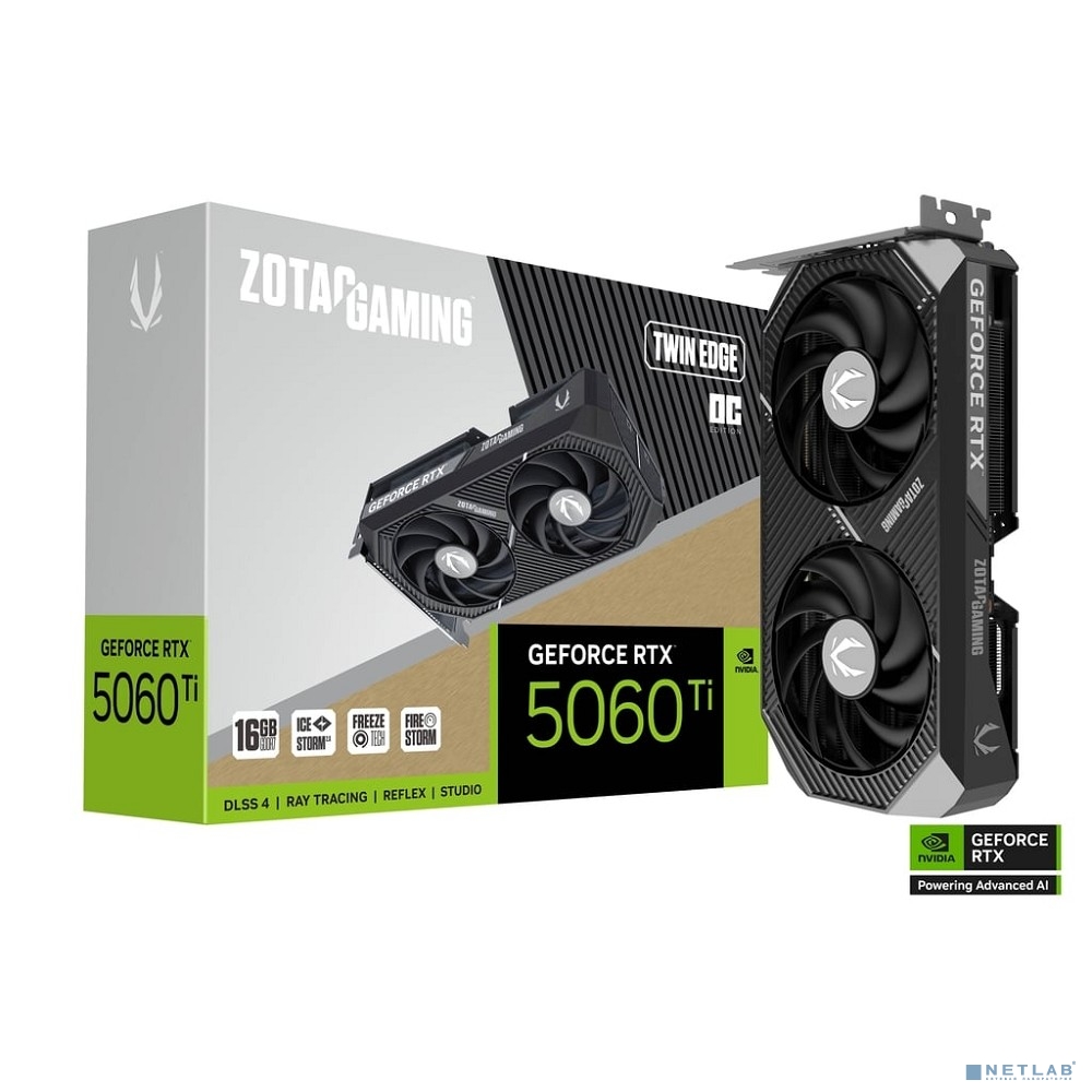 Видеокарта ZOTAC GAMING GeForce RTX 5060 Ti Twin Edge OC 16Gb DDR7 128 bit 2407/2602 MHz 3*DP/HDMI 2*FAN (ZT-B50620H-10M) RTL