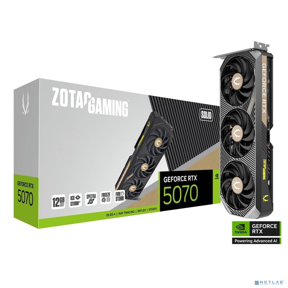 Видеокарта ZOTAC GAMING GeForce RTX 5070 SOLID NV 12Gb DDR7 192 bit 2165/2512 MHz 3*DP/HDMI 3*FAN (ZT-B50700D-10P) RTL