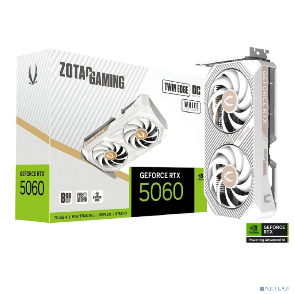Видеокарта ZOTAC GAMING GeForce RTX 5060 Twin Edge OC White Edition 8GB GDDR7 128bit 2280/2527MHz 3*DP/HDMI 2*FAN (ZT-B50600Q-10M) RTL