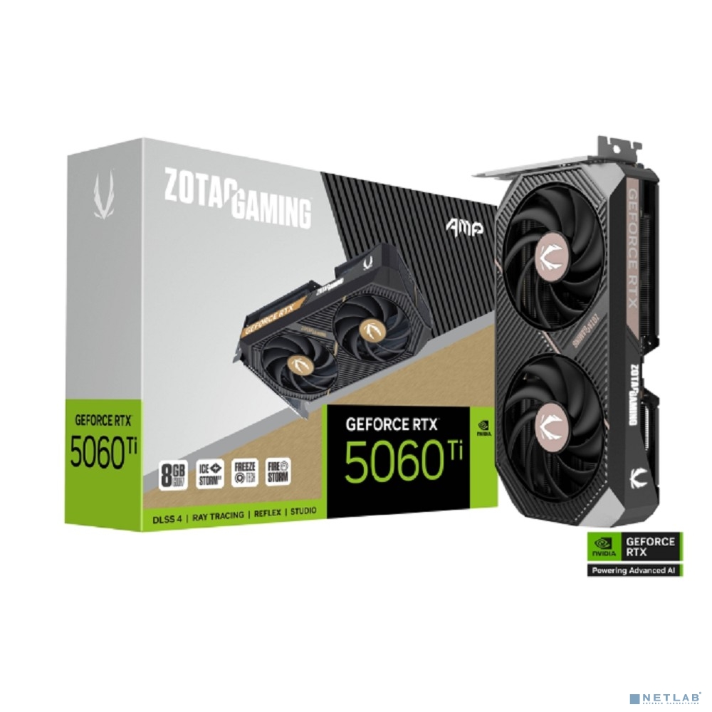 Видеокарта ZOTAC GAMING GeForce RTX 5060 Ti AMP 8GB GDDR7 128bit 2407/2632 MHz 3*DP/HDMI 2*FAN (ZT-B50610F-10M) RTL