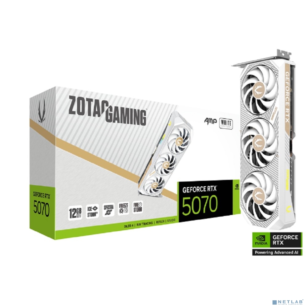 Видеокарта ZOTAC GAMING GeForce RTX 5070 AMP White Edition 12GB GDDR7 192bit 2165/2587 MHz 3*DP/HDMI 3*FAN (ZT-B50700FQ-10P) RTL