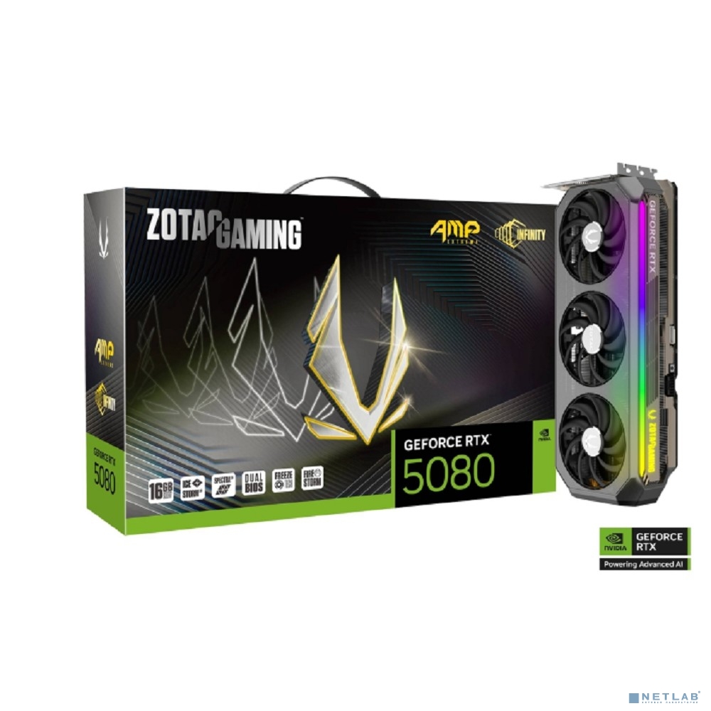 Видеокарта ZOTAC RTX5080 AMP EXTREME INFINITY 16GB GDDR7 256 3xDP HDMI 3FAN PREMIUM PACK