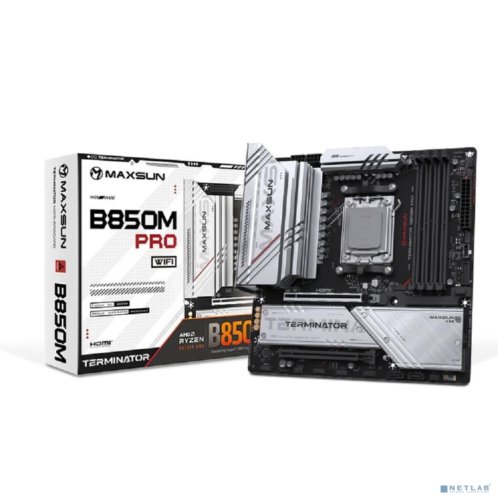 MAXSUN MS-Terminator B850M PRO WIFI (Socket AM5, mATX, 4*DDR5(192Gb), DP/HDMI, 2*SATA3, 3*M.2, 1*PCIEx16/1*PCIEx4, 1* Type-C, 4*USB 2.0, 4*USB 3.2, LAN 1*2.5G, SPDIF, WiFi 6E, RTL)