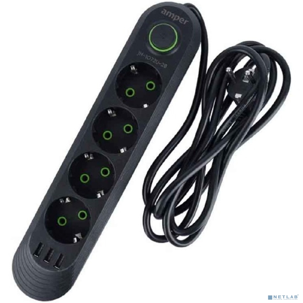 Amper сетевой удлинитель, 2,0м, 4 розетки, 3*0,75мм, 10А, 2500 Вт, 3usb, черный.