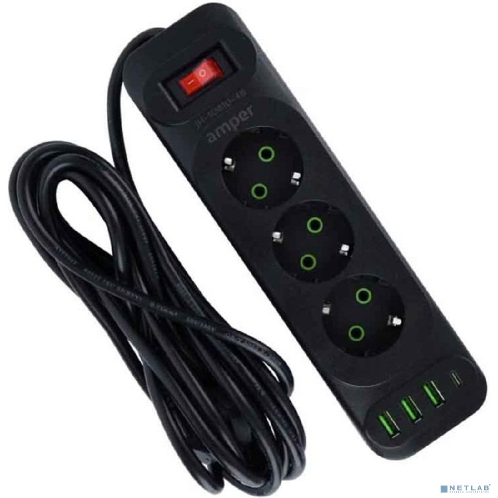 Amper сетевой удлинитель, 4,0м, 3 розетки, 10А, 2500 Вт, 3usb,1Type-C, черный.