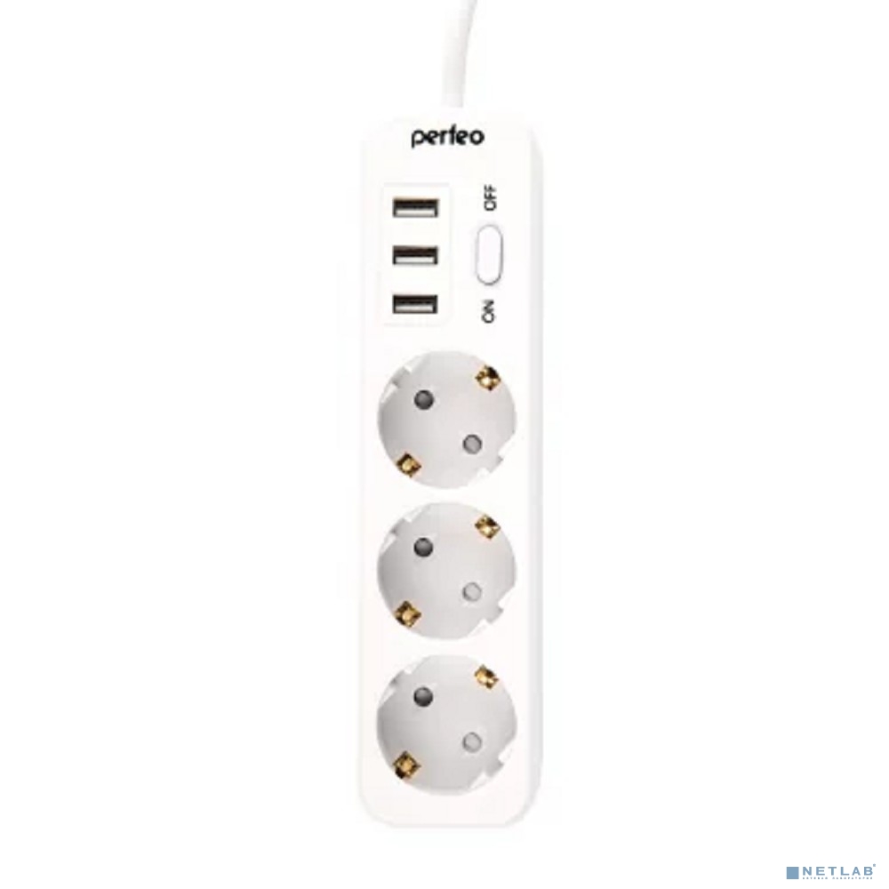 Perfeo сетевой фильтр "POWER STREAM", 2500W, двойная защита, 4м, 3 розетки, 3 USB, белый.