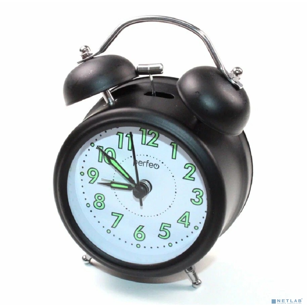 Perfeo Quartz часы-будильник "PF-TC-027", колокольчик круглые, с подсветкой, черные