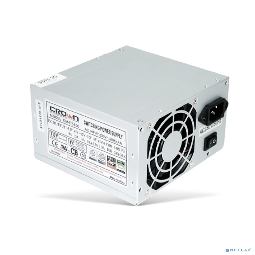 CROWN Блок питания CM-PS400W (20+4in, 80mm FAN, SATA*2, PATA(big Molex)*4, FDD*1, 4+4pin, Lines 1x12V OEM)