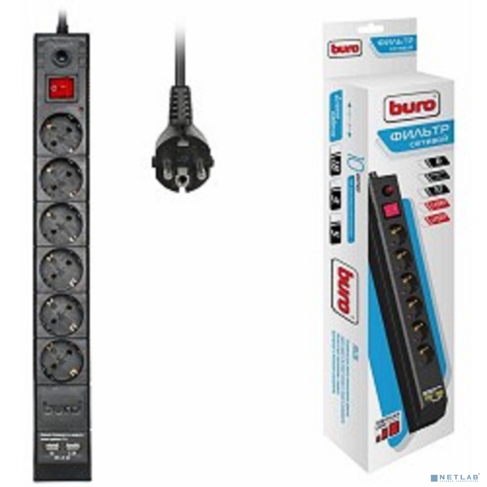 BURO Сетевой фильтр, 6 розеток, 5 метров, (BU-SP5_USB_2A-B), черный (коробка)