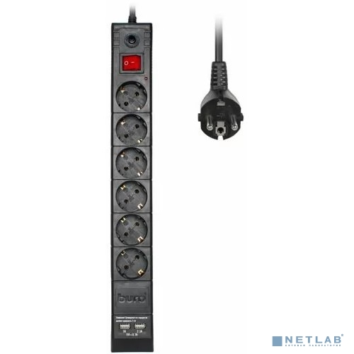 BURO Сетевой фильтр, 6 розеток, 1.8 метров (BURO BU-SP1.8_USB_2A-B), черный (коробка)