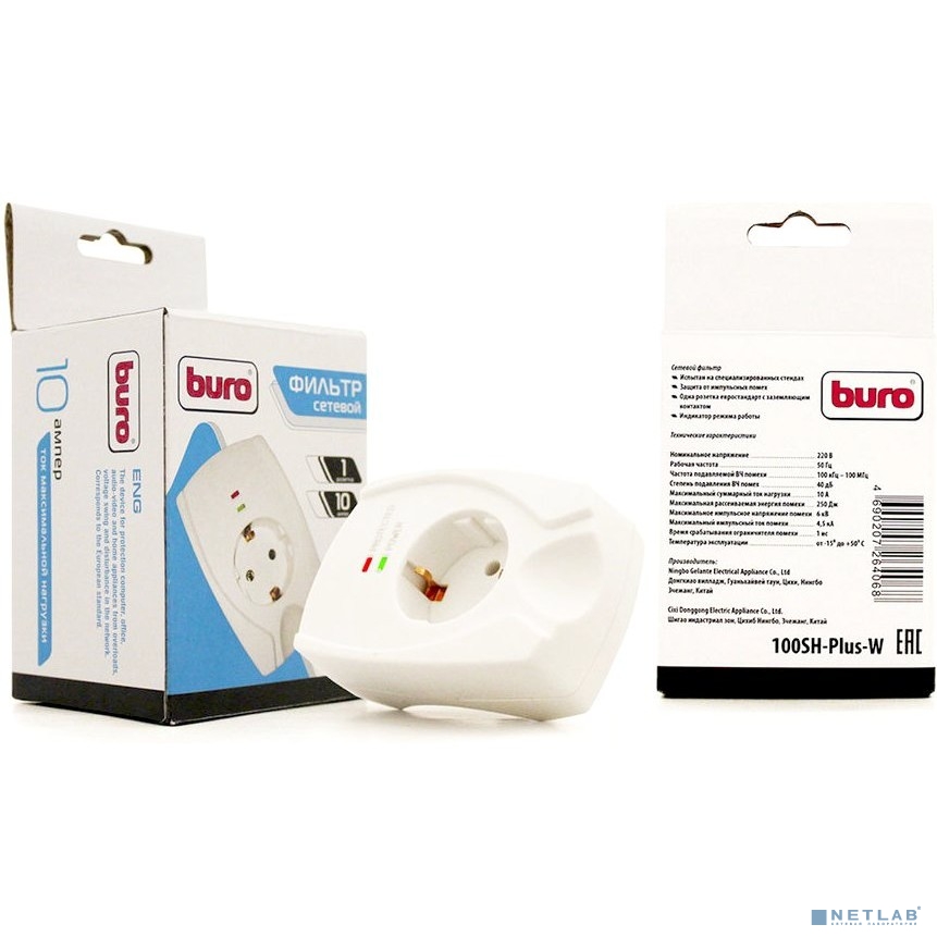 BURO Сетевой фильтр, 1 розетка (100SH-PLUS-W), белый (коробка)