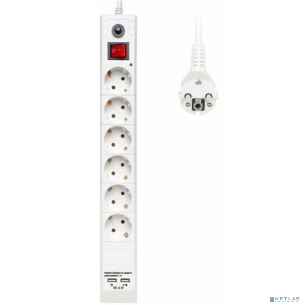 BURO Сетевой фильтр, 6 розеток, 3 метра, (BU-SP3_USB_2A-W), белый (коробка)