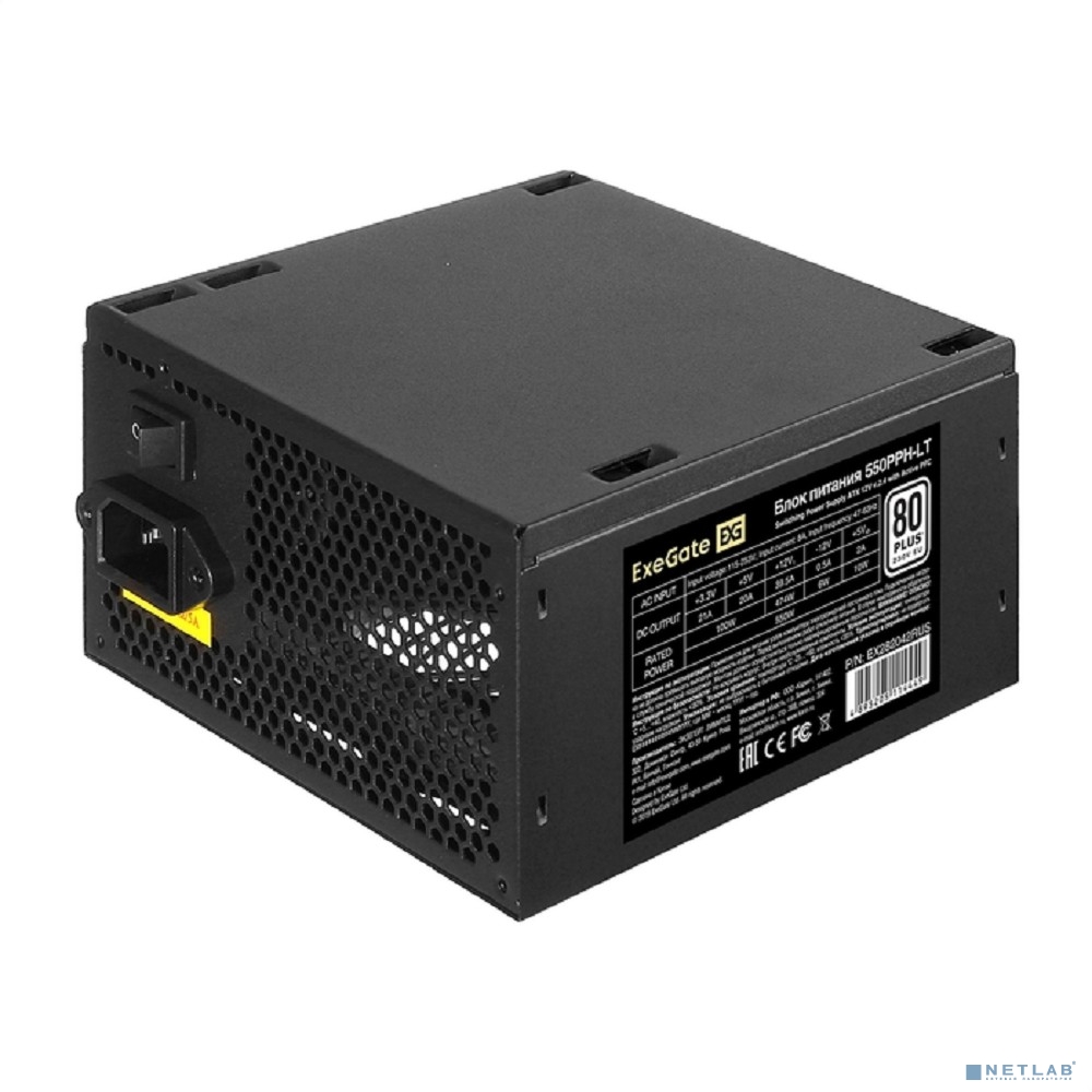 Exegate EX282042RUS Блок питания 550W Exegate 550PPH-LT, RTL, 80+, ATX, black, APFC, 12cm, 24p, (4+4)p, 5*SATA, 3*IDE