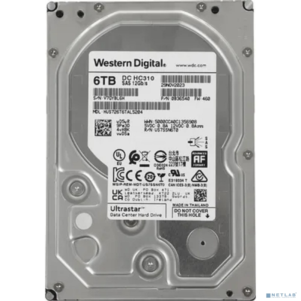 6Tb Western Digital Ultrastar DC HDD Server 7K6 (3.5’’, 6TB, 256MB, 7200 RPM, SAS 12Gb/s, 512E SE), HUS726T6TAL5204