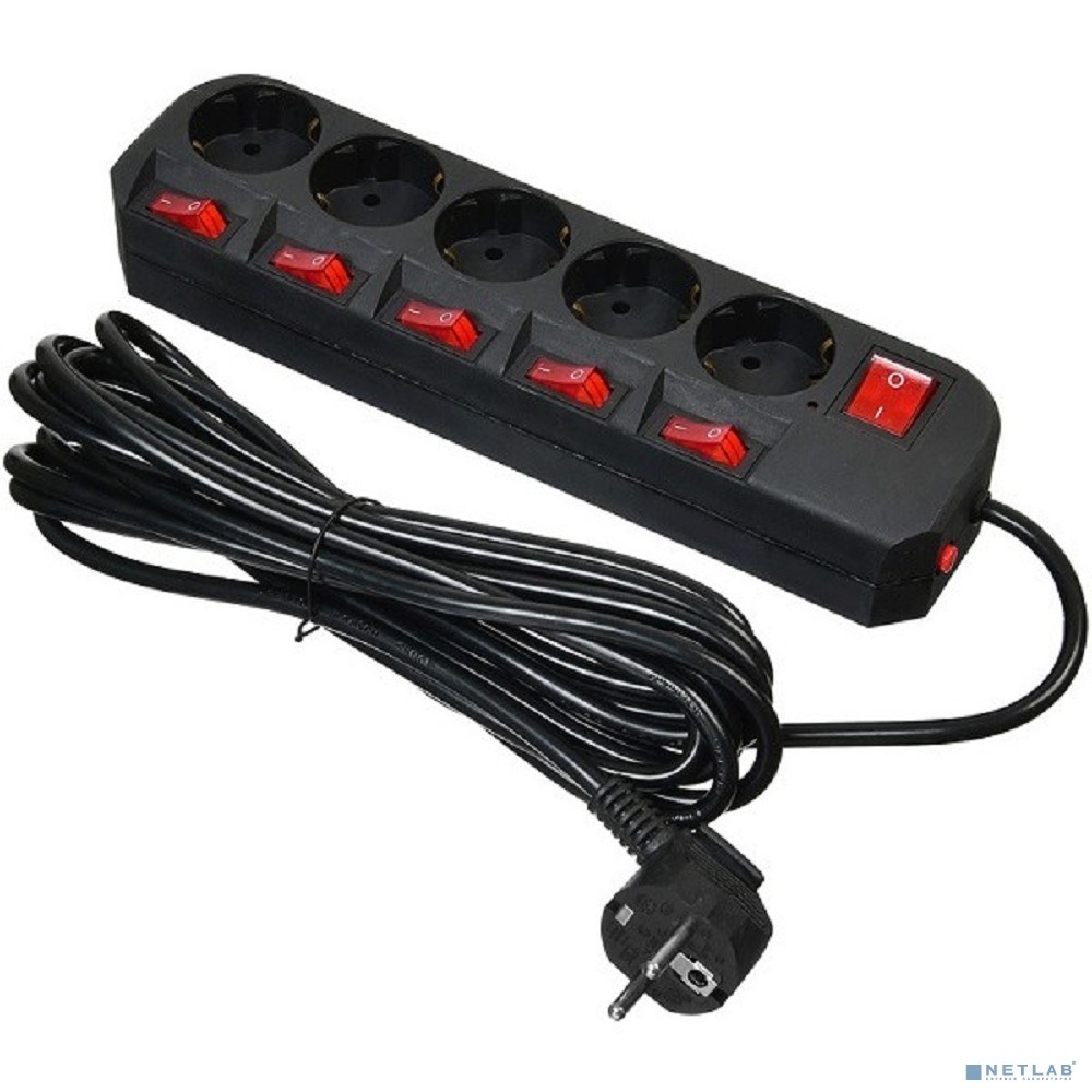 BURO Сетевой фильтр 5 розеток (500SH-5-SW-B) 5м, черный коробка
