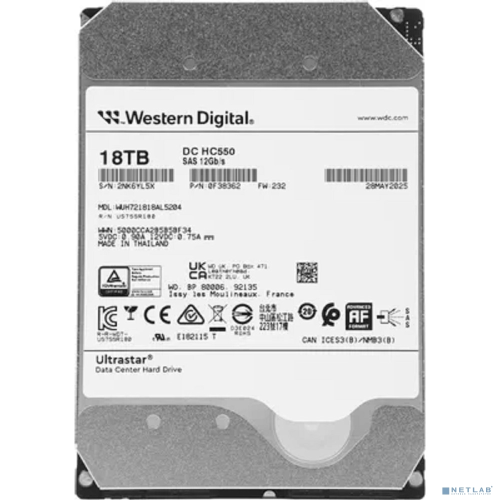 18Tb Western Digital Ultrastar DC HDD Server (3.5in 26.1MM 18000GB 512MB 7200RPM SAS ULTRA 512E SE P3 DC HC550), SKU: 0F38353