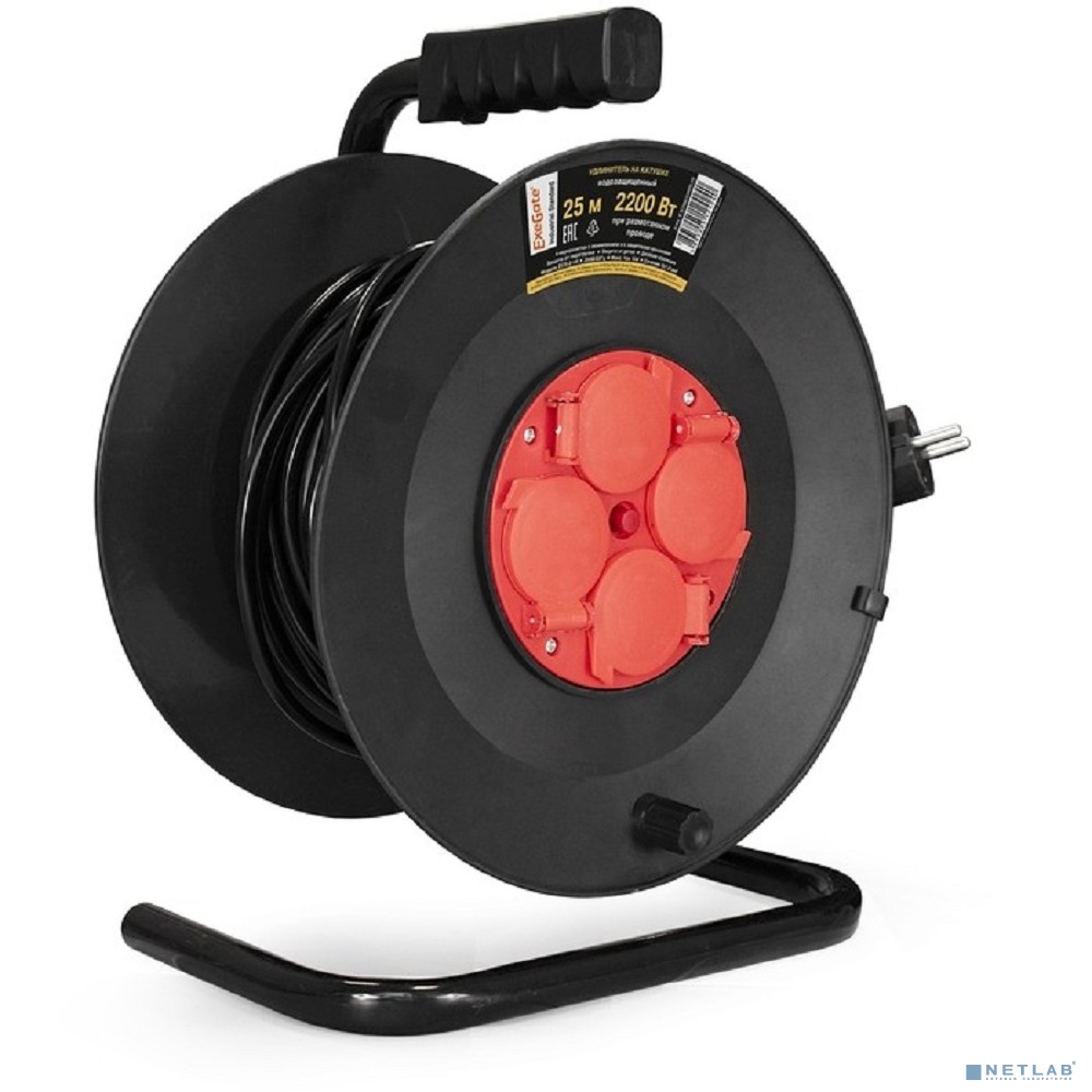 Exegate EX286338RUS Удлинитель на катушке ExeGate industrial ECS-2-1R (4 евророзетки с заземлением и с защитными крышками, IP44, 25м, защита от детей, защита от перегрузки, 3х1,0мм2, 10А/2.2кВт)