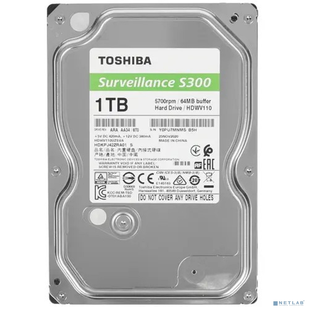 HDD 1Tb TOSHIBA S300 Surveillance 5400rpm 64Mb SATA3 3,5" HDWV110UZSVA"