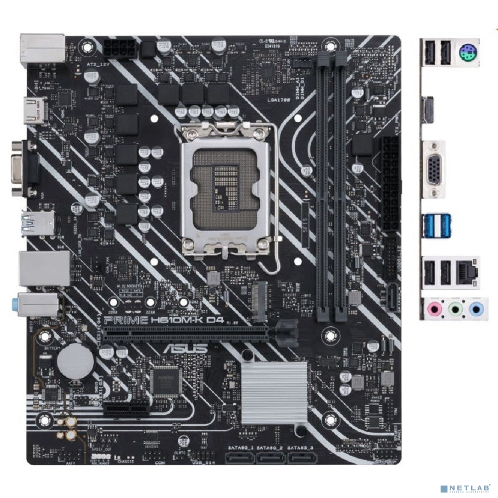 ASUS PRIME H610M-K D4 (Socket 1700, mATX, 2xDDR4(64GB), VGA/HDMI 2.1, 1xPCIe 4.0x16/1xPCIe 3.0/1xLAN, 4xSATA 6Gb/s, 1xM.2, 2xUSB 3.2, 4xUSB 2.0, 1xPS/2)