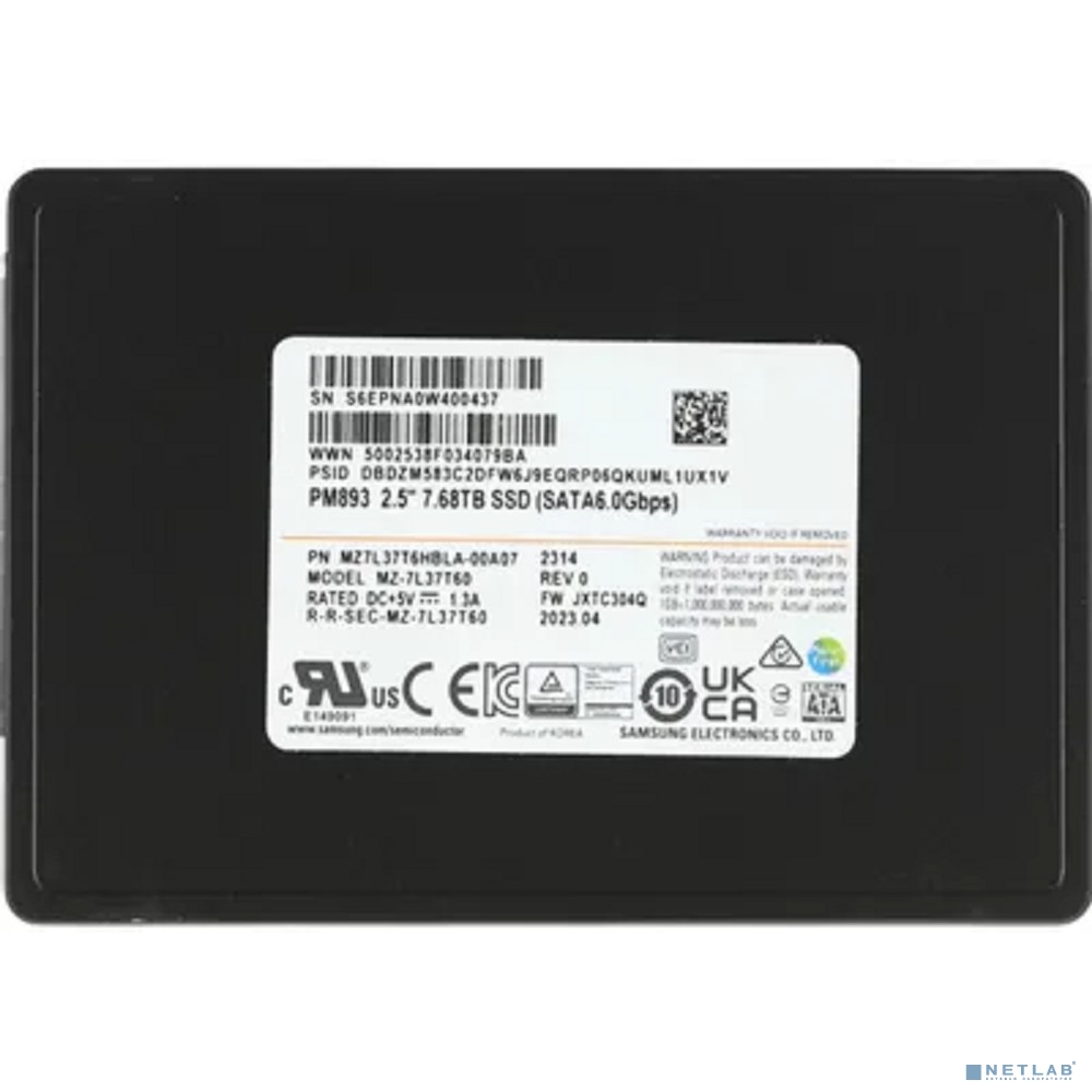 Samsung SSD 7680Gb PM893 MZ7L37T6HBLA-00A07 Data Center SSD, 2.5'' 7mm, SATA