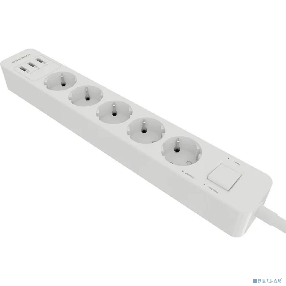 Harper Сетевой фильтр с USB зарядкой UCH-530 White (5 роз.,1,5м.,3 x USB 2.4A (max 3.4A), 4000W)