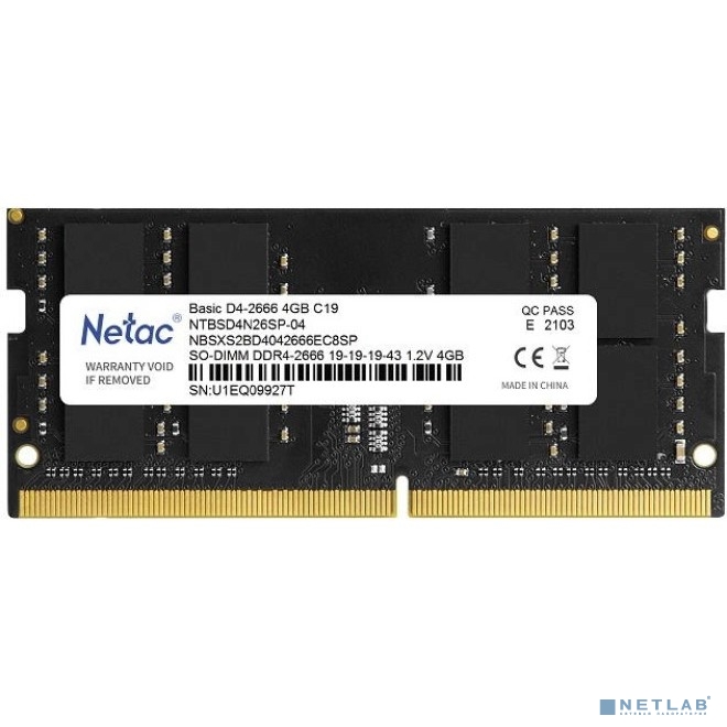 Память SO-DIMM DDR4 4Gb PC21300 2666MHz CL19 Netac 1.2V (NTBSD4N26SP-04)