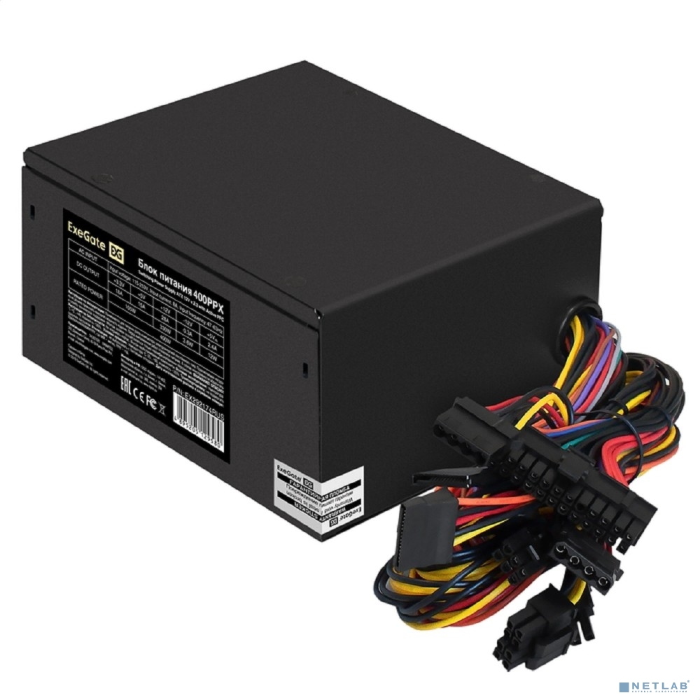 Exegate EX292174RUS-S Блок питания 400W ExeGate 400PPX (ATX, SC, APFC, КПД 80% (80 PLUS), 14cm fan, 24pin, (4+4)pin, PCIe, 5xSATA, 4xIDE, FDD, RTL, black, кабель 220V с защитой от выдергивания)