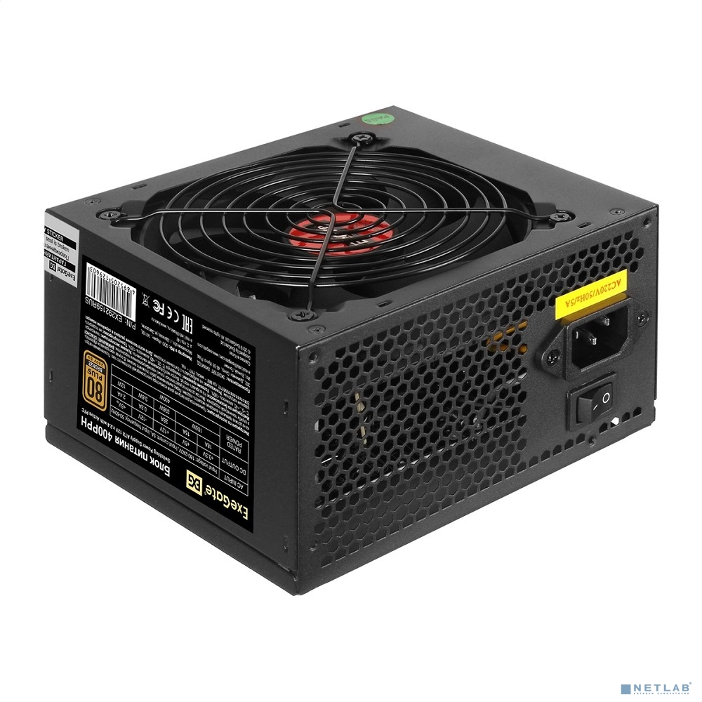 Exegate EX292159RUS Блок питания 400W ExeGate 80 PLUS® Bronze 400PPH (ATX, APFC, КПД 88% (80 PLUS Bronze), 12cm fan, 20+4pin, 4+4pin, 2xPCI-E, 5xSATA, 3xIDE, RTL(color box), black)