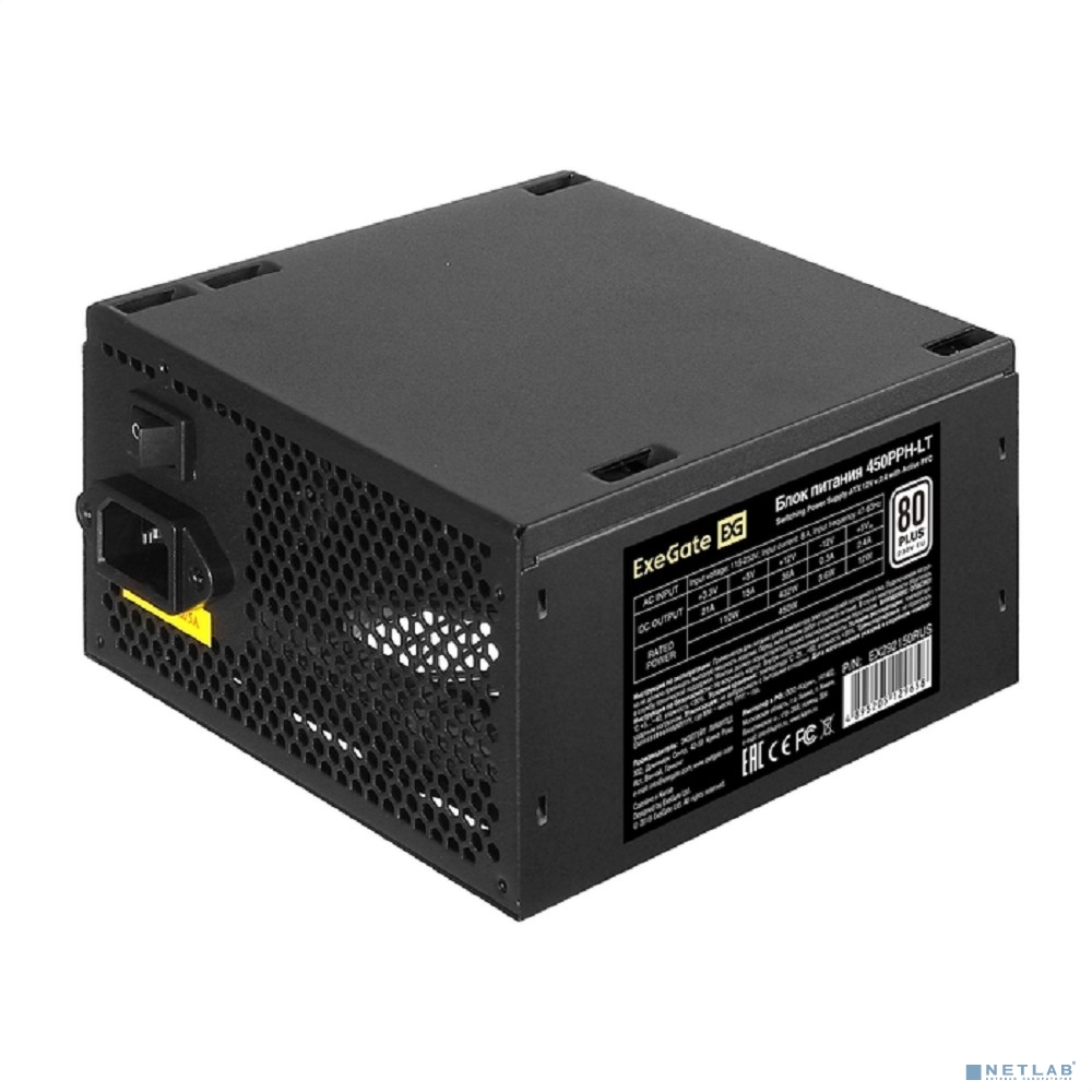 Exegate EX292150RUS-OEM Блок питания 450W ExeGate 80 PLUS® 450PPH-LT-OEM (ATX, APFC, КПД 82% (80 PLUS), 12cm fan, 24pin, (4+4)pin, PCIe, 5xSATA, 3xIDE, black)