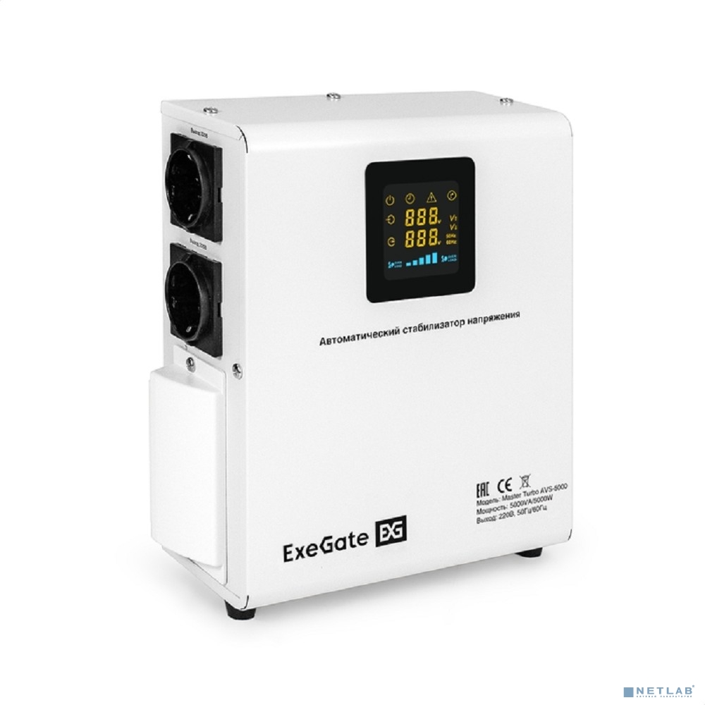 Exegate EX291749RUS Стабилизатор напряжения ExeGate Master Turbo AVS-5000 (5000ВА, 100-265В, цифр. индикация вход/вых. напряжения, 220В±8%, КПД 98%, 5 уровней защиты, задержка, усиленный метал.корпус,