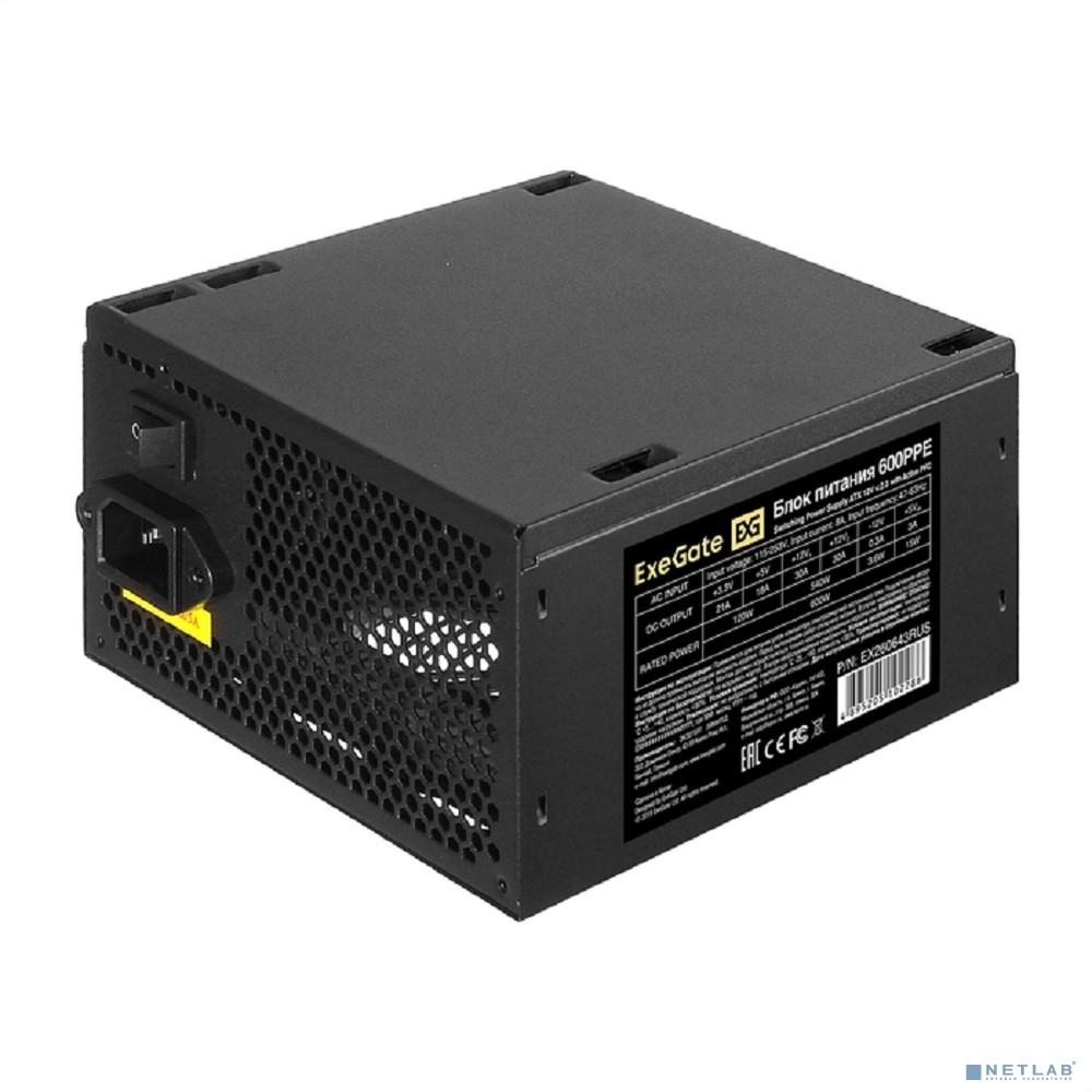 Exegate EX260643RUS-PC Блок питания 600W ExeGate 600PPE (ATX, APFC, PC, КПД 80% (80 PLUS), 12cm fan, 24pin, 2x(4+4)pin, PCIe, 5xSATA, 3xIDE, black, кабель 220V в комплекте)