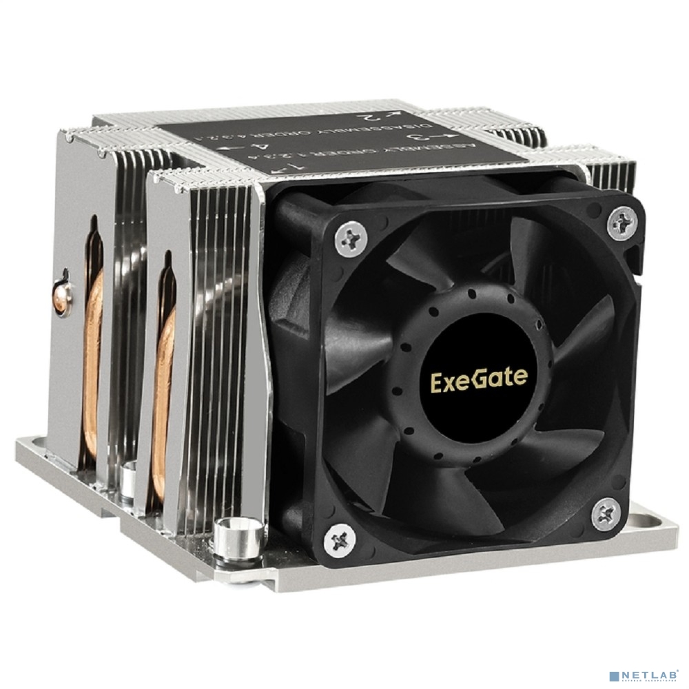 Exegate EX293439RUS Кулер ExeGate ESNK-P0068AP4.PWM.2U.3647.Cu (Al+Cu, 2U, 4 тепл. трубки, LGA3647, TDP 205W, PWM, 2100-6800RPM, 2 ball bearing, 4pin, 52db, 430г, на винтах, с термопастой, Retail box)