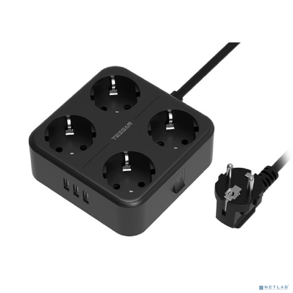TESSAN TS-302 Black Сетевой фильтр с 4 розетками 220В и 3 USB портами и кнопкой питания