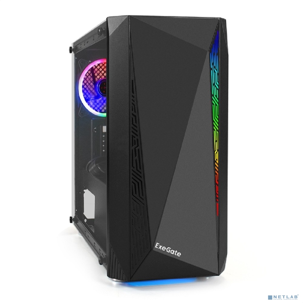 Exegate EX294475RUS Корпус Minitower ExeGate Mistery R2-NPX600 (mATX, БП 600NPX с вент. 12 см, 2*USB+1*USB3.0, аудио, черный, 1 вент. 12см с RGB подсветкой и полоса на передней панели, боковая панель
