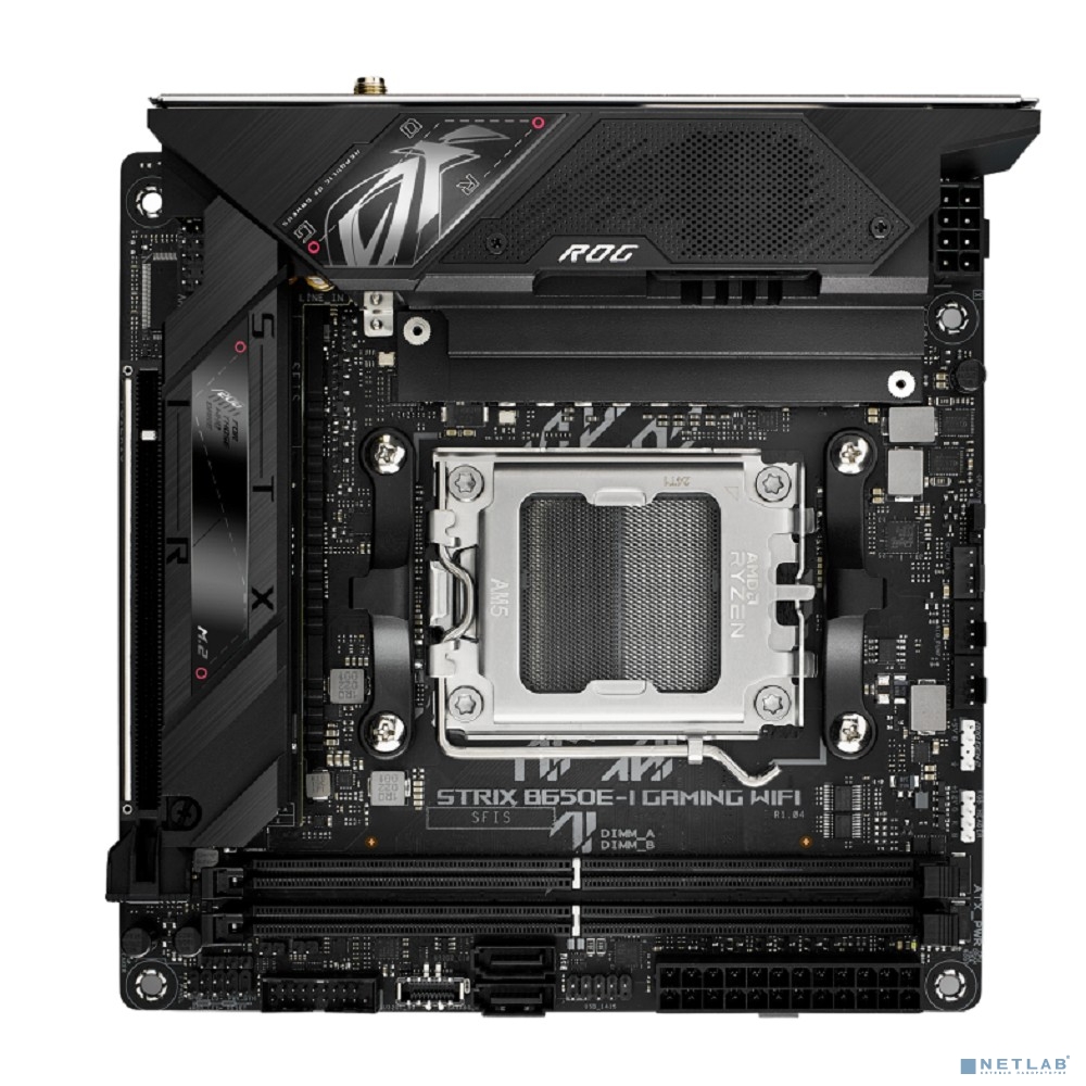 ASUS ROG STRIX B650E-I GAMING WIFI (Socket AM5, mini ITX, 2xDDR5(64GB), HDMI 2.1, 1xPCIe 5.0x16, 1xLAN (2.5GbE), Wi-Fi 6E, BT, 2xSATA 6Gb/s, 2xM.2, 2xType-C, 4xUSB 3.2, 2xUSB 2.0)