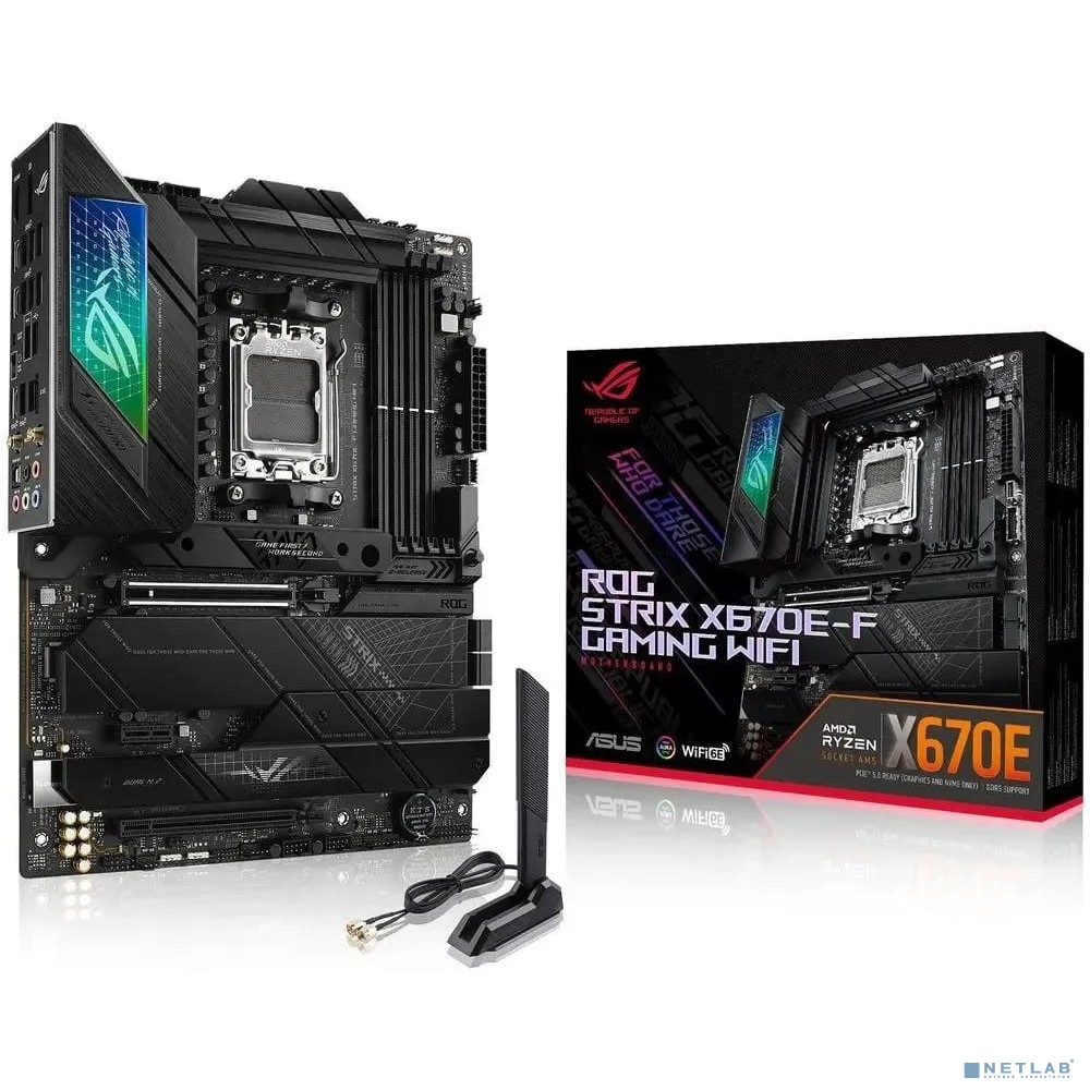 ASUS ROG STRIX X670E-F GAMING WIFI (Socket AM5, ATX, 4xDDR5(128GB), DP/HDMI, 1xPCIe 5.0x16/1xPCIe 4.0x16/1xPCIe 3.0, 1xLAN (2.5GbE), Wi-Fi, BT, 4xSATA 6Gb/s, 4xM.2, 3xType-C, 7xUSB 3.2, 2xUSB 2.0)
