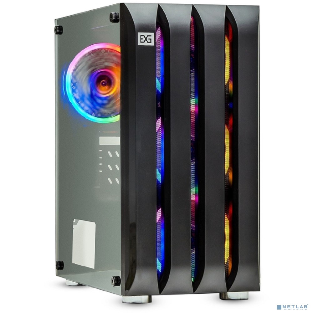 Exegate EX294479RUS Корпус Minitower Mistery R3-NPX600 (mATX, БП 600NPX с вент. 12 см, 2*USB+1*USB3.0, аудио, черный, 4 вент. 12см с RGB подсветкой, боковая панель - закаленное стекло)